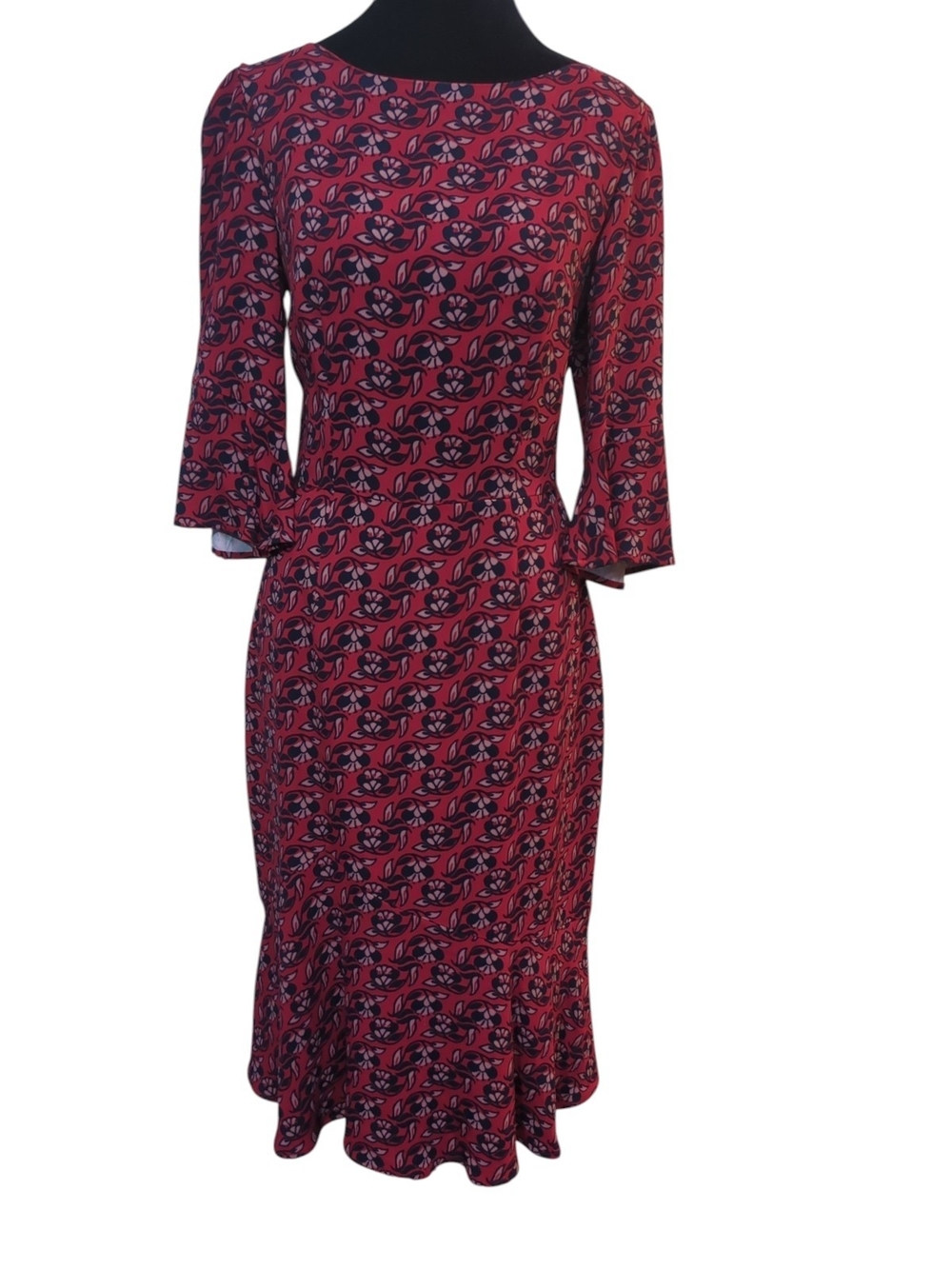 Boden Sz 6 Dark Red Retro Floral Bell Sleeve Fluted Midi Dress Retro 70's Style